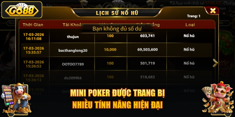 Mini Poker được trang bị nhiều tính năng hiện đại